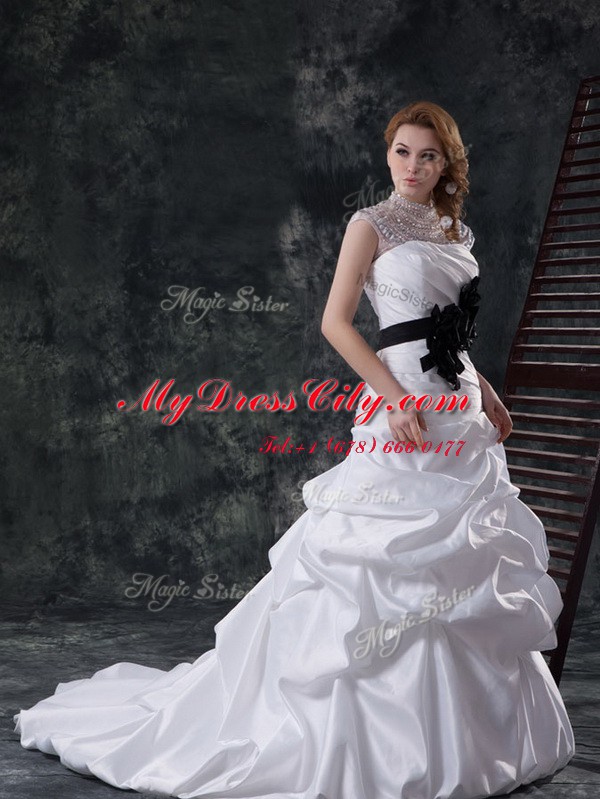 Pick Ups White Cap Sleeves Taffeta Brush Train Lace Up Wedding Dress for Wedding Party