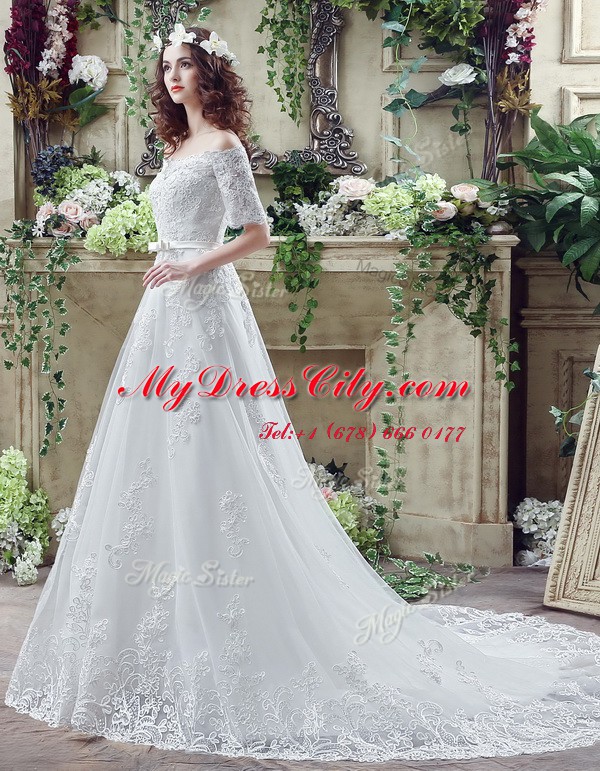 Off the Shoulder Short Sleeves Lace Court Train Lace Up Wedding Dresses in White with Lace and Appliques and Bowknot