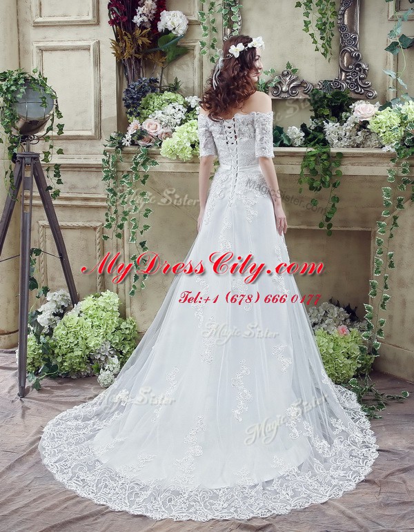 Off the Shoulder Short Sleeves Lace Court Train Lace Up Wedding Dresses in White with Lace and Appliques and Bowknot