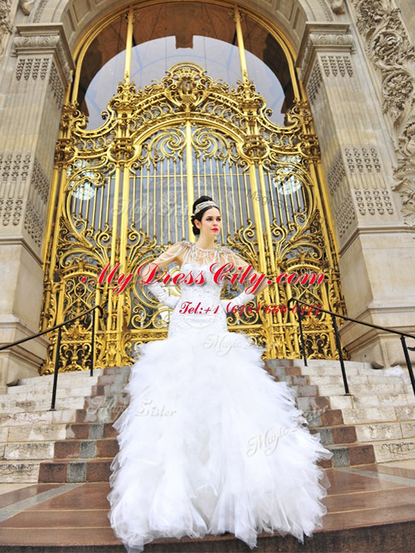 White Column/Sheath Sweetheart Sleeveless Tulle Floor Length Zipper Beading and Ruffles Wedding Dress