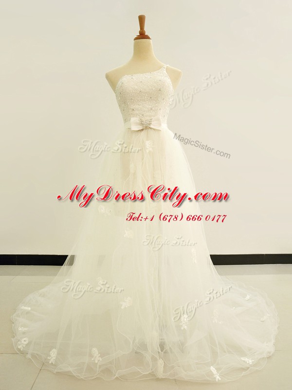 One Shoulder White Lace Up Wedding Gowns Beading and Lace and Hand Made Flower Sleeveless Brush Train