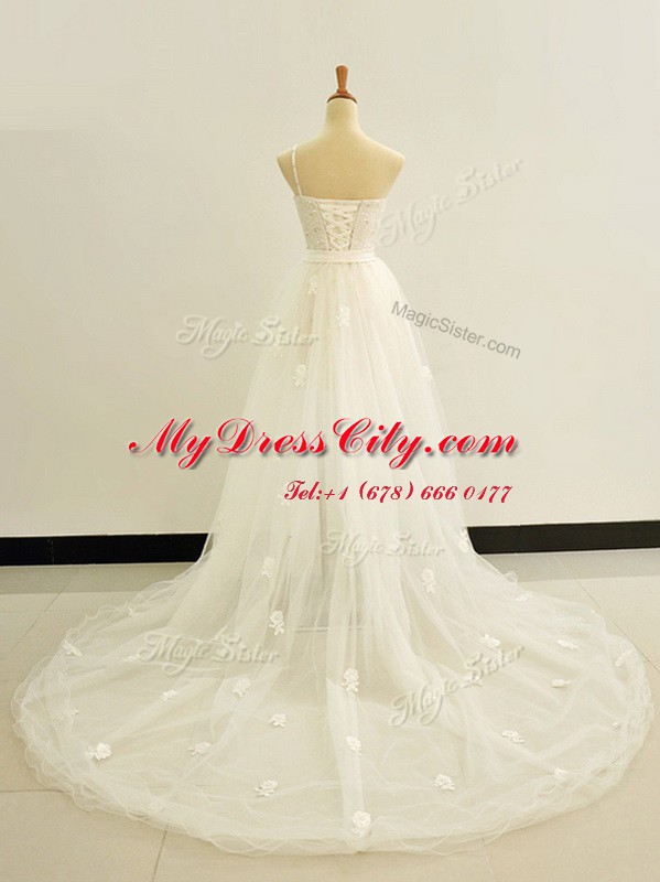 One Shoulder White Lace Up Wedding Gowns Beading and Lace and Hand Made Flower Sleeveless Brush Train