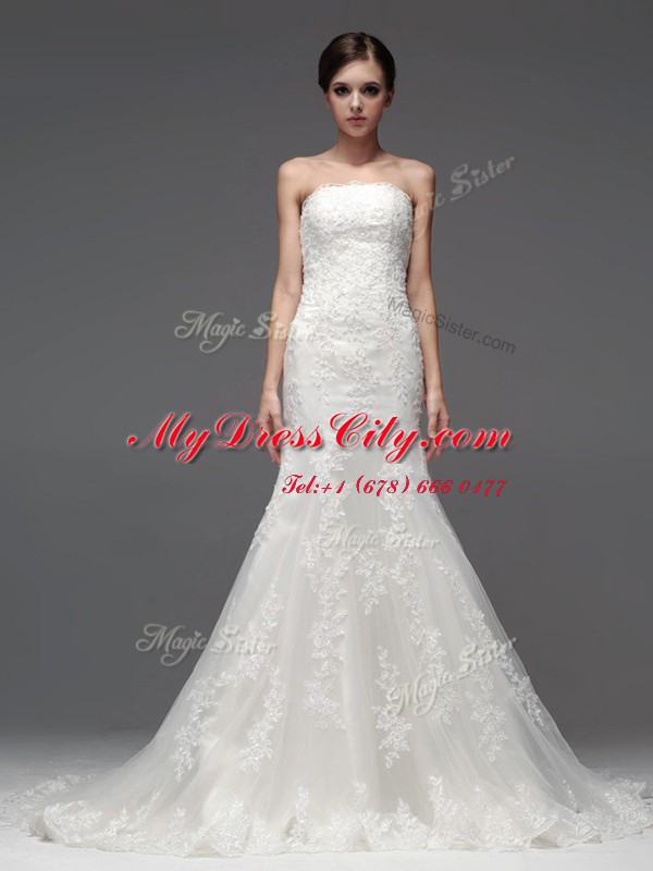 New Style Brush Train Column/Sheath Wedding Dress White Strapless Lace Sleeveless With Train Lace Up