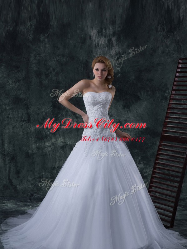 Deluxe White Tulle Lace Up Strapless Sleeveless With Train Wedding Dresses Court Train Beading and Appliques