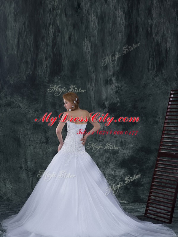 Deluxe White Tulle Lace Up Strapless Sleeveless With Train Wedding Dresses Court Train Beading and Appliques