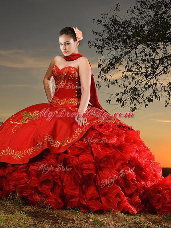With Train Red Sweet 16 Dresses Sweetheart Sleeveless Brush Train Lace Up
