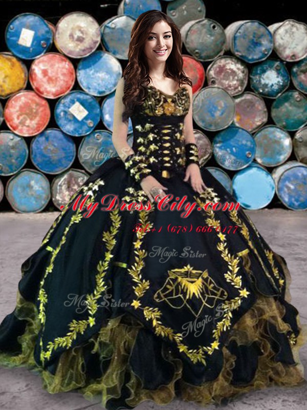 New Arrival Black Ball Gowns Sweetheart Sleeveless Organza and Taffeta Floor Length Lace Up Beading and Embroidery and Ruffles Quinceanera Dresses
