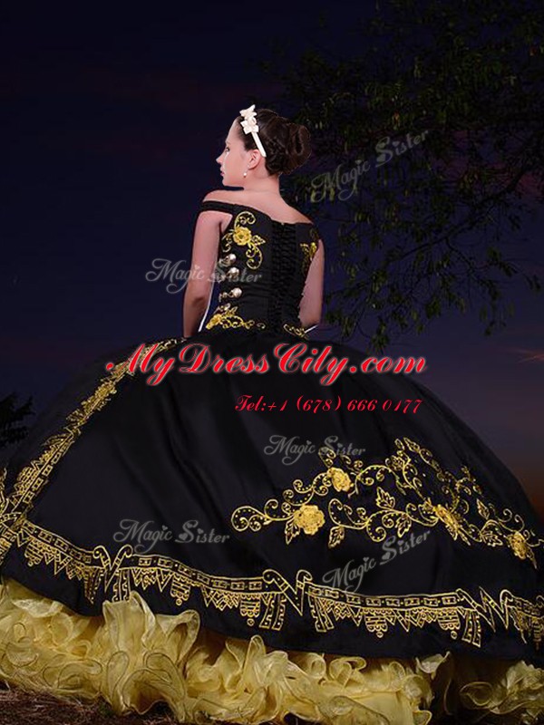 Lovely Black Lace Up Off The Shoulder Beading and Embroidery and Ruffled Layers Vestidos de Quinceanera Organza and Taffeta Sleeveless