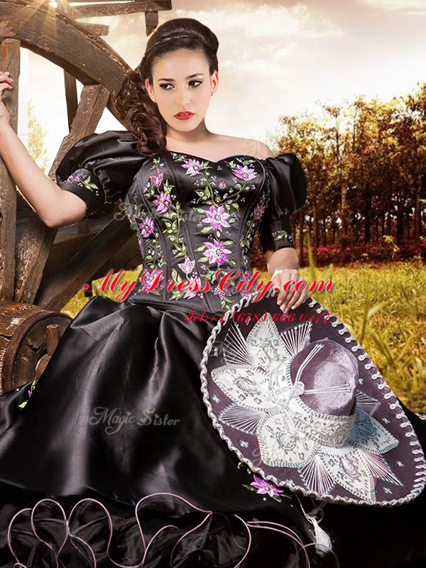 Great Off The Shoulder Short Sleeves Sweet 16 Dresses Floor Length Embroidery and Ruffles Black Organza and Taffeta