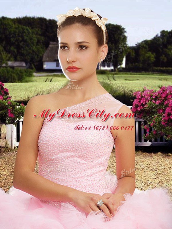 One Shoulder Sleeveless Floor Length Beading Lace Up Quinceanera Gowns with Baby Pink