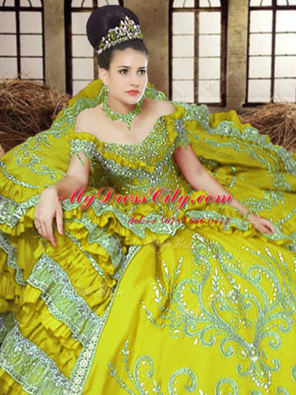 Off the Shoulder Light Yellow Sleeveless Embroidery Floor Length Quinceanera Gowns