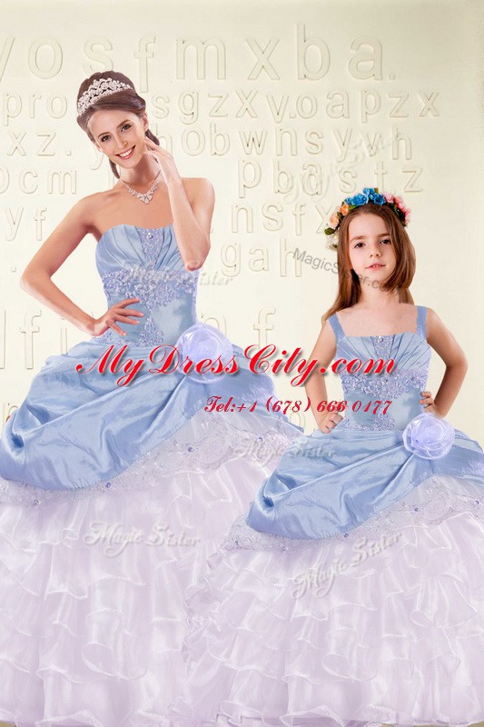 Suitable Light Blue Sleeveless Beading and Ruffled Layers and Hand Made Flower Floor Length Vestidos de Quinceanera