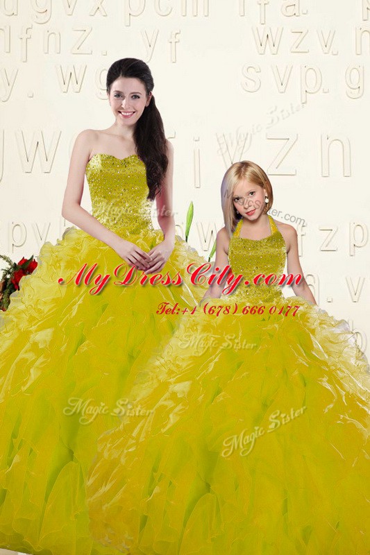 Yellow Quinceanera Gown Military Ball and Sweet 16 and Quinceanera and For with Beading and Ruffles Sweetheart Sleeveless Lace Up