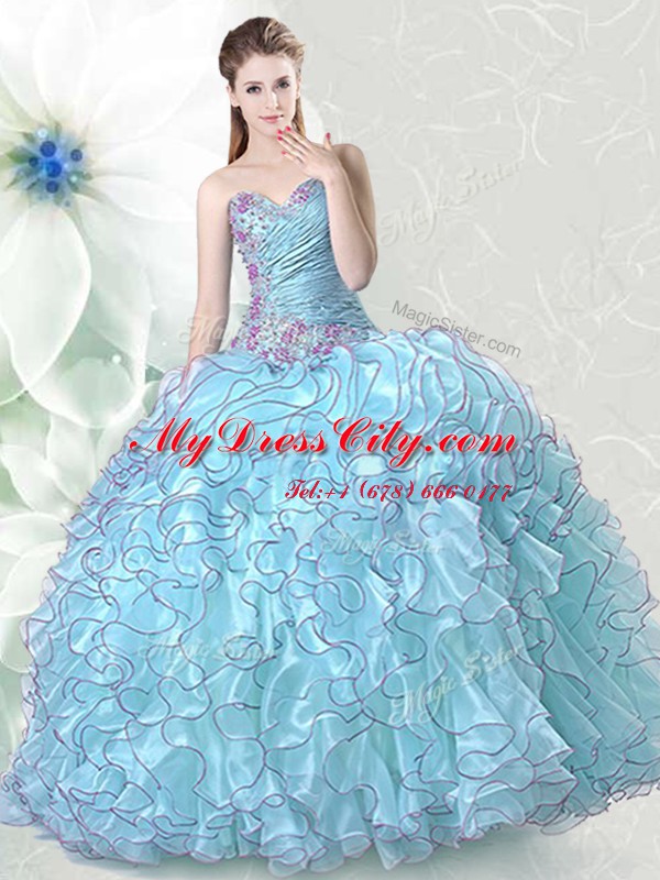 New Arrival Light Blue Sleeveless Floor Length Beading and Ruffles Lace Up Sweet 16 Quinceanera Dress