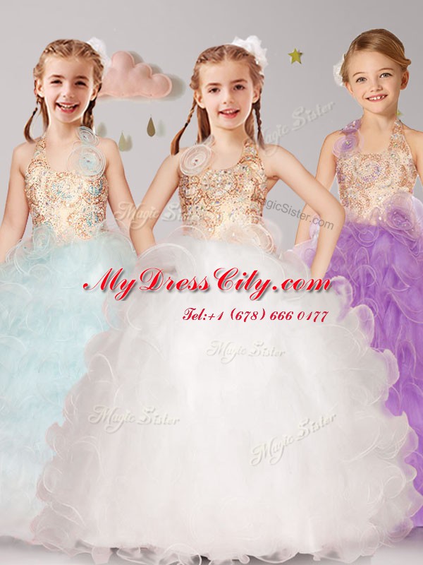 High Class Floor Length Lilac Toddler Flower Girl Dress Halter Top Sleeveless Lace Up