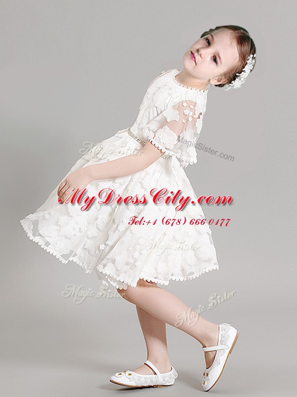 Delicate White A-line High-neck Short Sleeves Organza Mini Length Zipper Beading and Appliques Flower Girl Dresses