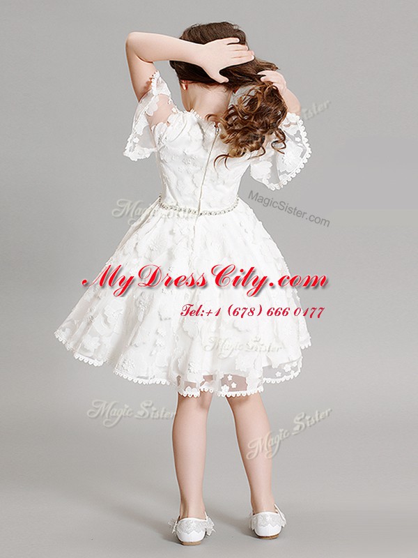 Delicate White A-line High-neck Short Sleeves Organza Mini Length Zipper Beading and Appliques Flower Girl Dresses