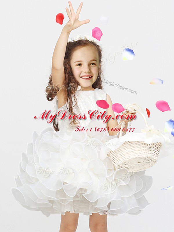 Scoop White Sleeveless Lace and Ruffles Mini Length Toddler Flower Girl Dress