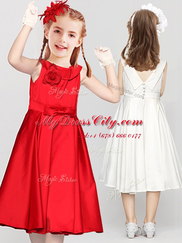 Custom Fit Scoop Tea Length Clasp Handle Toddler Flower Girl Dress Red for Party and Quinceanera and Wedding Party with Bowknot and Hand Made Flower