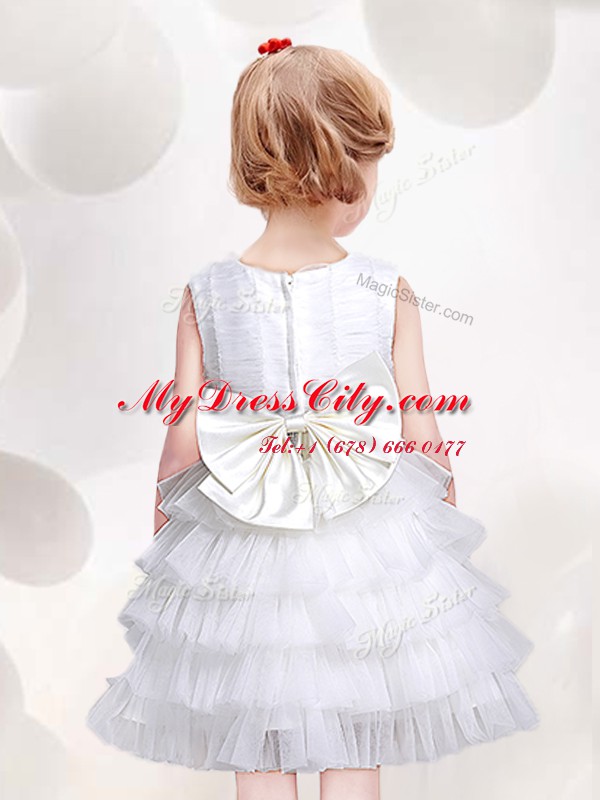 Scoop Sleeveless Mini Length Ruffled Layers and Sequins and Bowknot Zipper Flower Girl Dress with White