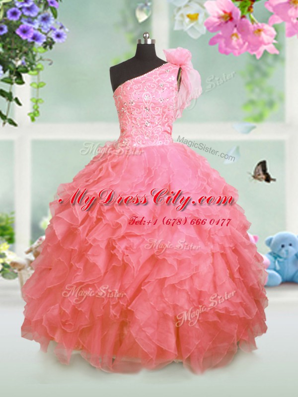 One Shoulder Watermelon Red Sleeveless Organza Lace Up Womens Party Dresses for Party and Wedding Party