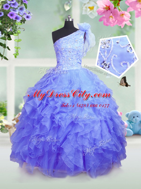 One Shoulder Blue Ball Gowns Beading and Ruffles Evening Gowns Lace Up Organza Sleeveless Floor Length