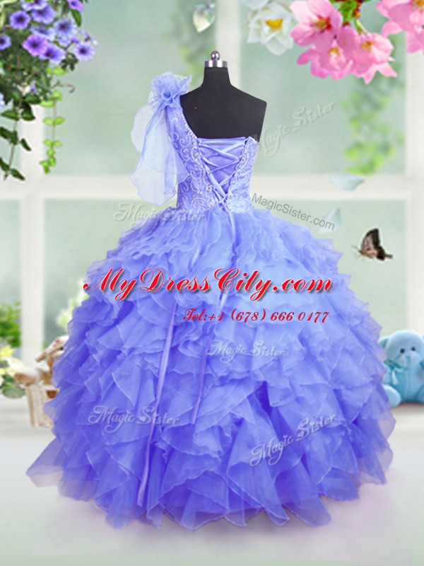 One Shoulder Blue Ball Gowns Beading and Ruffles Evening Gowns Lace Up Organza Sleeveless Floor Length