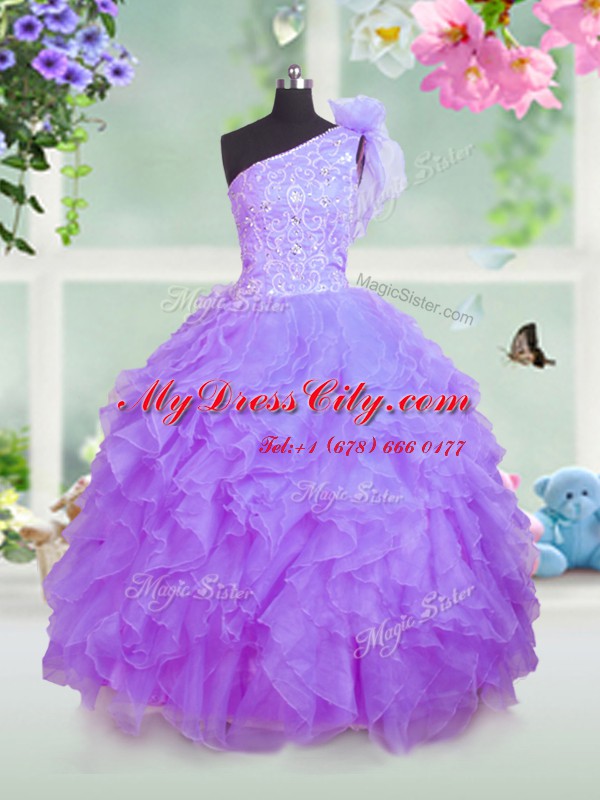 One Shoulder Lavender Sleeveless Organza Lace Up Pageant Dress for Teens for Party and Wedding Party