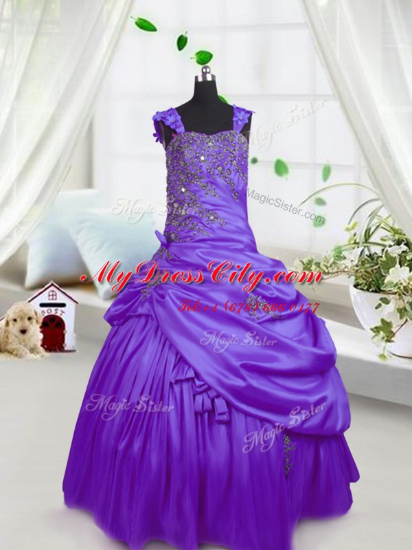 Purple Sleeveless Floor Length Beading and Pick Ups Lace Up Little Girl Pageant Dress