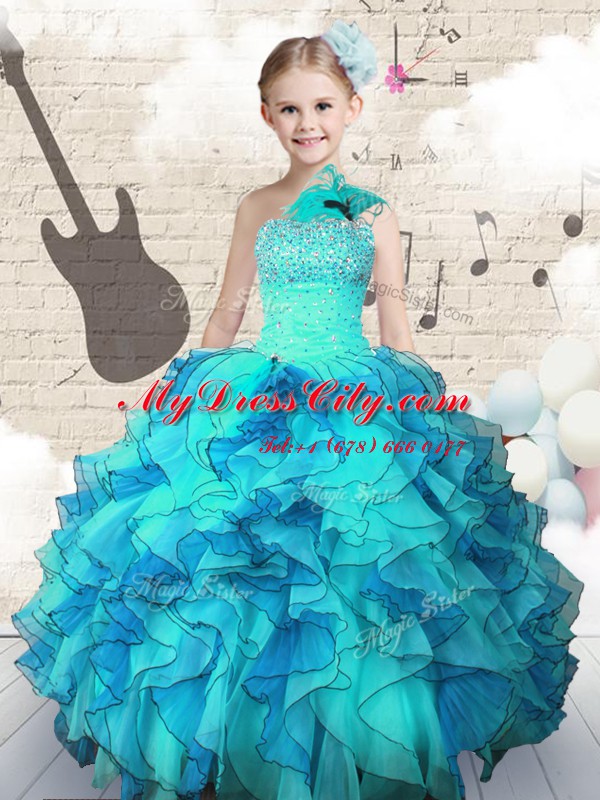 One Shoulder Organza Sleeveless Floor Length Glitz Pageant Dress and Beading and Ruffles