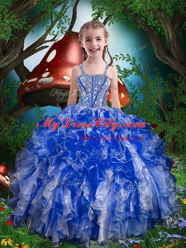 Organza Spaghetti Straps Sleeveless Lace Up Beading and Ruffles Little Girl Pageant Gowns in Royal Blue