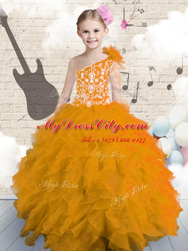 One Shoulder Orange Sleeveless Organza Lace Up Little Girl Pageant Gowns for Party and Wedding Party