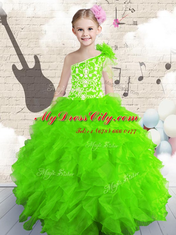One Shoulder Neckline Beading and Ruffles Pageant Gowns For Girls Sleeveless Lace Up