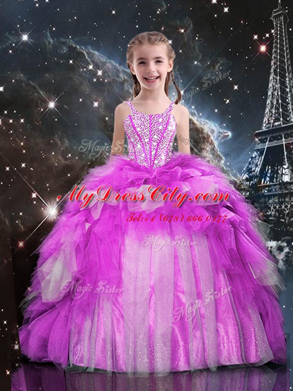 One Shoulder Floor Length Lace Up Little Girls Pageant Gowns Fuchsia for Party and Wedding Party with Beading and Ruffled Layers