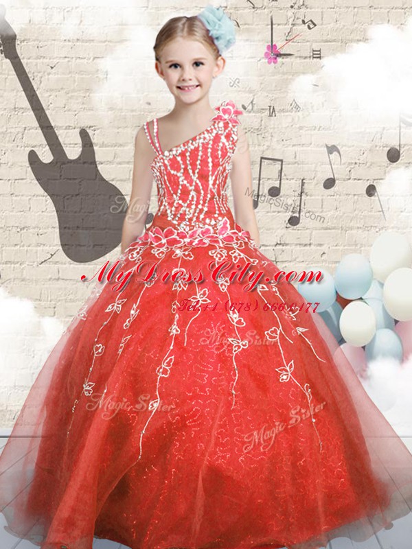 Popular Sleeveless Lace Up Floor Length Appliques Pageant Dress for Teens