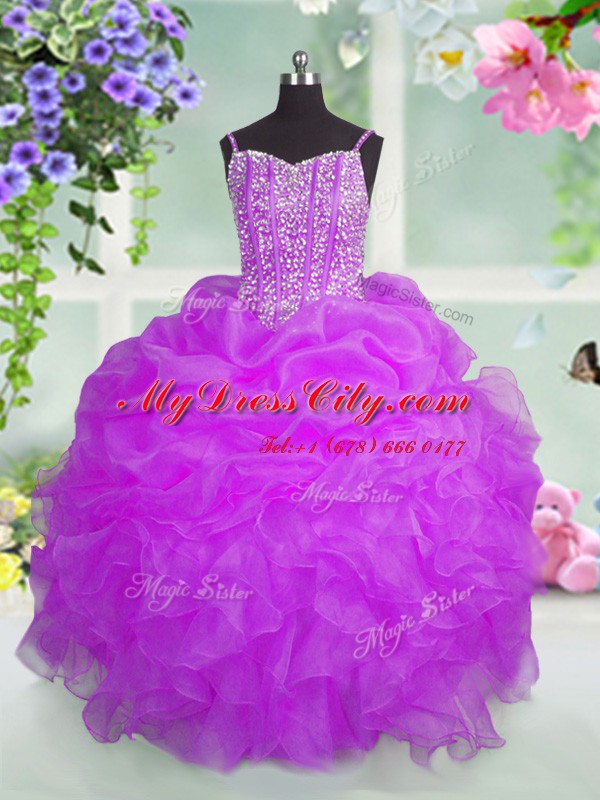 Floor Length Lace Up Pageant Dress Wholesale Fuchsia for Party and Wedding Party with Beading and Ruffles and Pick Ups