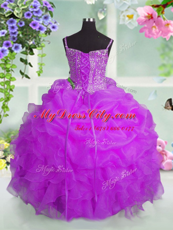 Floor Length Lace Up Pageant Dress Wholesale Fuchsia for Party and Wedding Party with Beading and Ruffles and Pick Ups