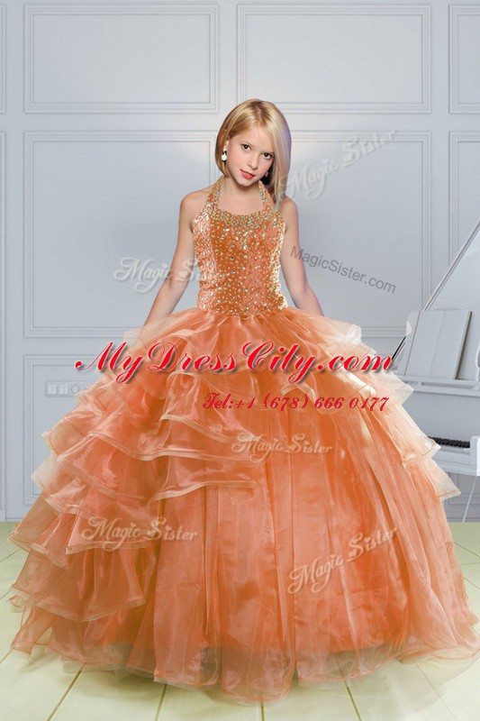 Halter Top Floor Length Ball Gowns Sleeveless Orange Teens Party Dress Lace Up
