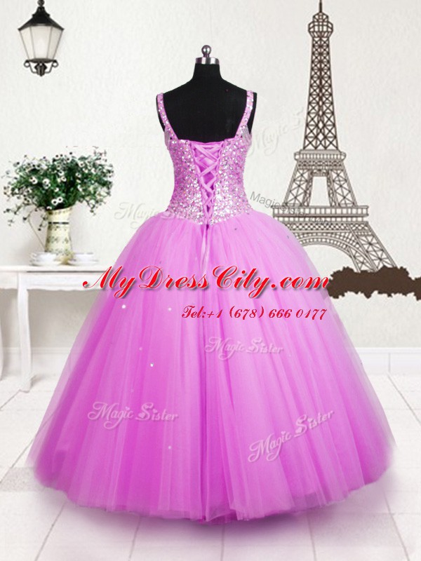 Custom Fit Straps Sleeveless Tulle Glitz Pageant Dress Beading and Sequins Lace Up