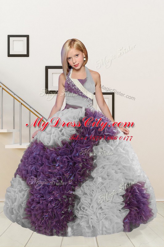 Best Halter Top Sleeveless Beading and Ruffles Lace Up Little Girl Pageant Gowns