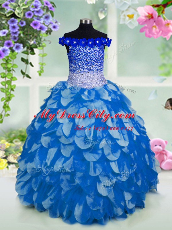Off the Shoulder Floor Length Lace Up Pageant Gowns Blue for Party and Wedding Party with Beading and Sashes ribbons and Sequins