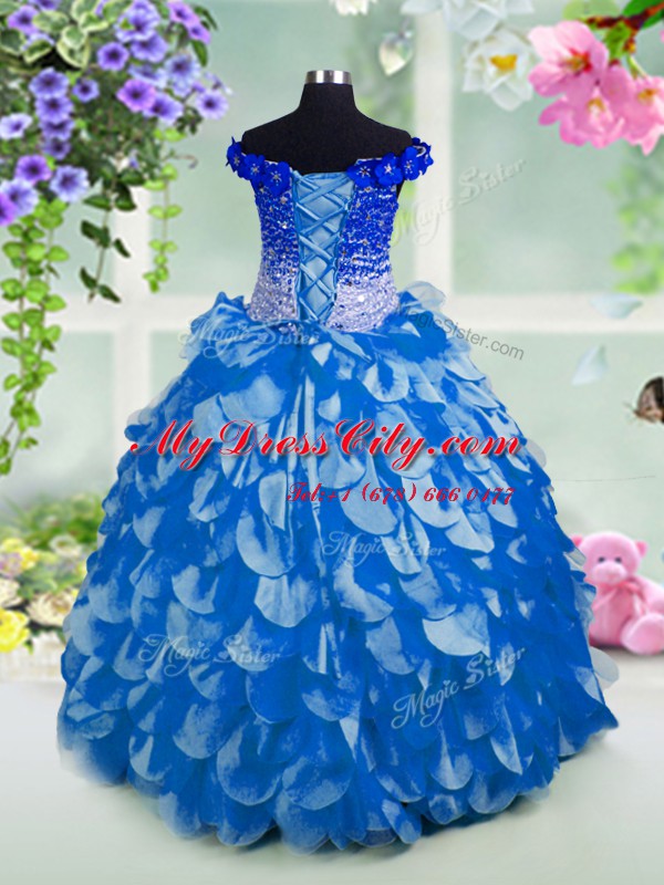 Off the Shoulder Floor Length Lace Up Pageant Gowns Blue for Party and Wedding Party with Beading and Sashes ribbons and Sequins