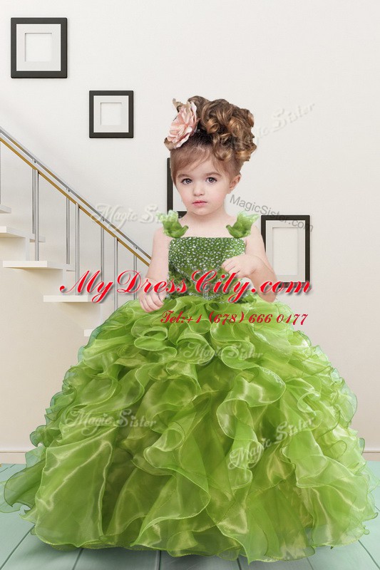 Olive Green Ball Gowns Straps Sleeveless Organza Floor Length Lace Up Beading and Ruffles Pageant Dress for Teens