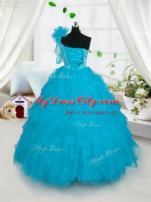 One Shoulder Embroidery and Ruffles Little Girl Pageant Gowns Turquoise Lace Up Sleeveless Floor Length
