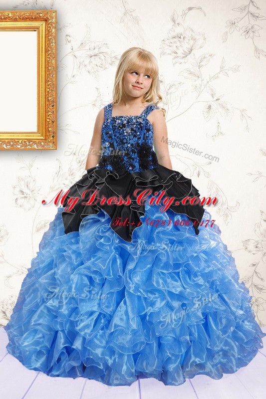 Latest Beading and Pick Ups Girls Pageant Dresses Blue Lace Up Sleeveless Floor Length