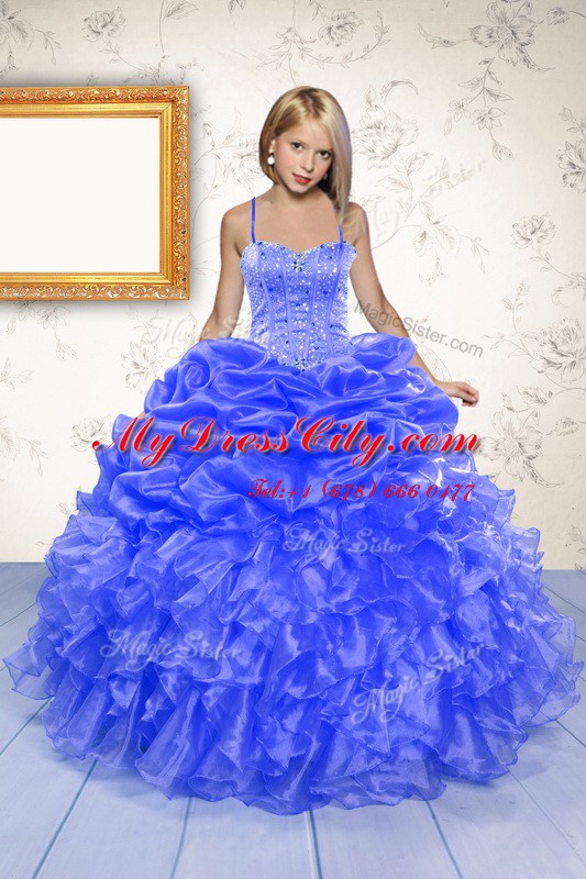Organza Spaghetti Straps Sleeveless Lace Up Beading and Ruffles and Pick Ups Womens Party Dresses in Blue