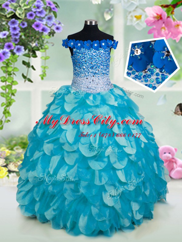 Most Popular Off the Shoulder Turquoise Organza Lace Up Pageant Dress for Teens Sleeveless Floor Length Beading and Sashes ribbons and Sequins