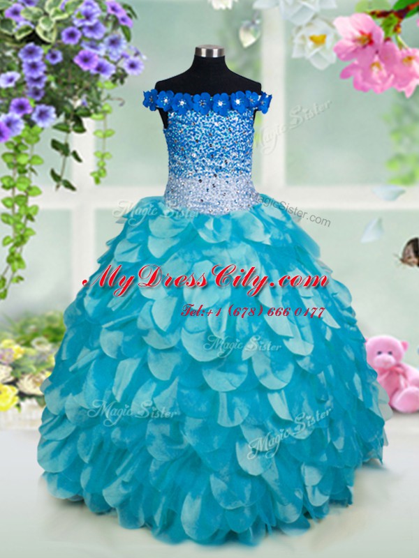 Most Popular Off the Shoulder Turquoise Organza Lace Up Pageant Dress for Teens Sleeveless Floor Length Beading and Sashes ribbons and Sequins