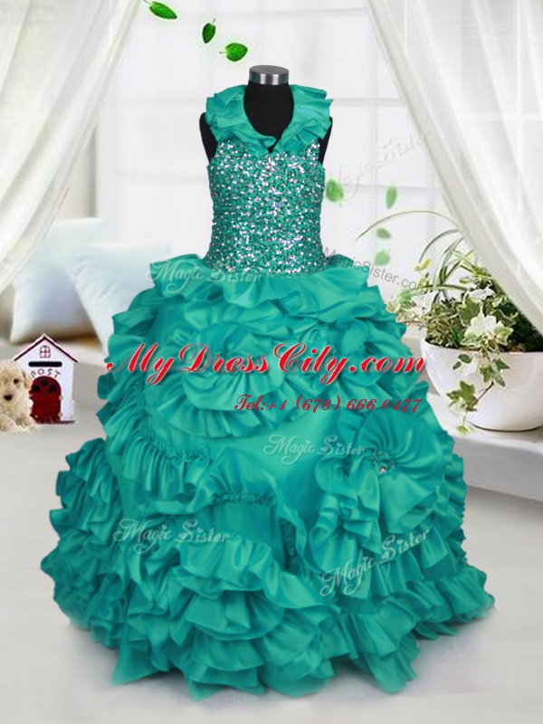 Low Price Halter Top Turquoise Taffeta Zipper Party Dress for Girls Sleeveless Floor Length Beading and Ruffles
