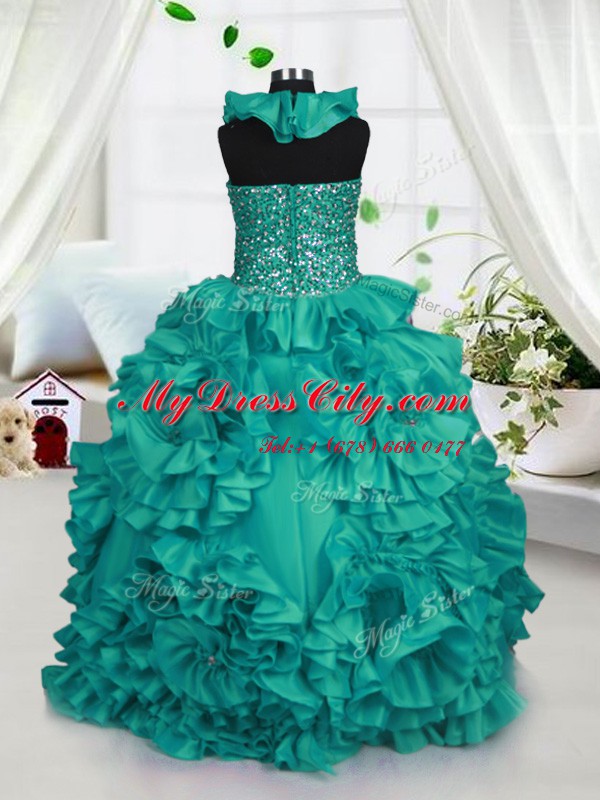 Low Price Halter Top Turquoise Taffeta Zipper Party Dress for Girls Sleeveless Floor Length Beading and Ruffles
